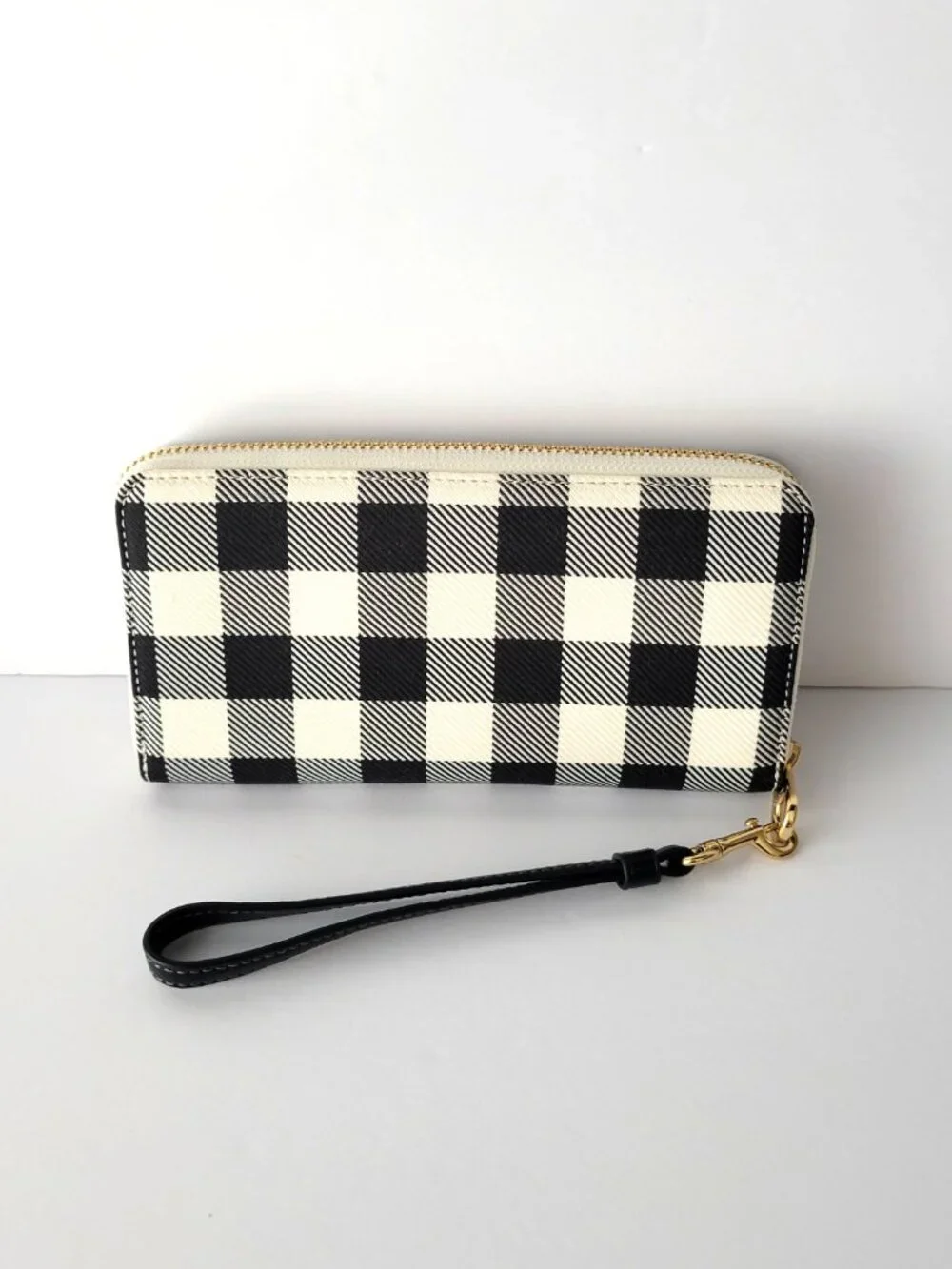 Coach CFA13 Long Zip Around Wallet Jacquard Gingham Print Wristlet Black Multi